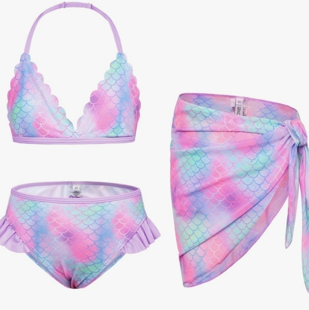 GRACE KARIN  Swimsuit Bikini 3 Piece Swimwear with Cover Up Size 7 Mermaid NWT